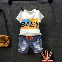 dfxd children clothes set 2018 new fashion summer white short sleeve o neck letter t shirtripped jeans pant 2pcs boys sets 2 7y