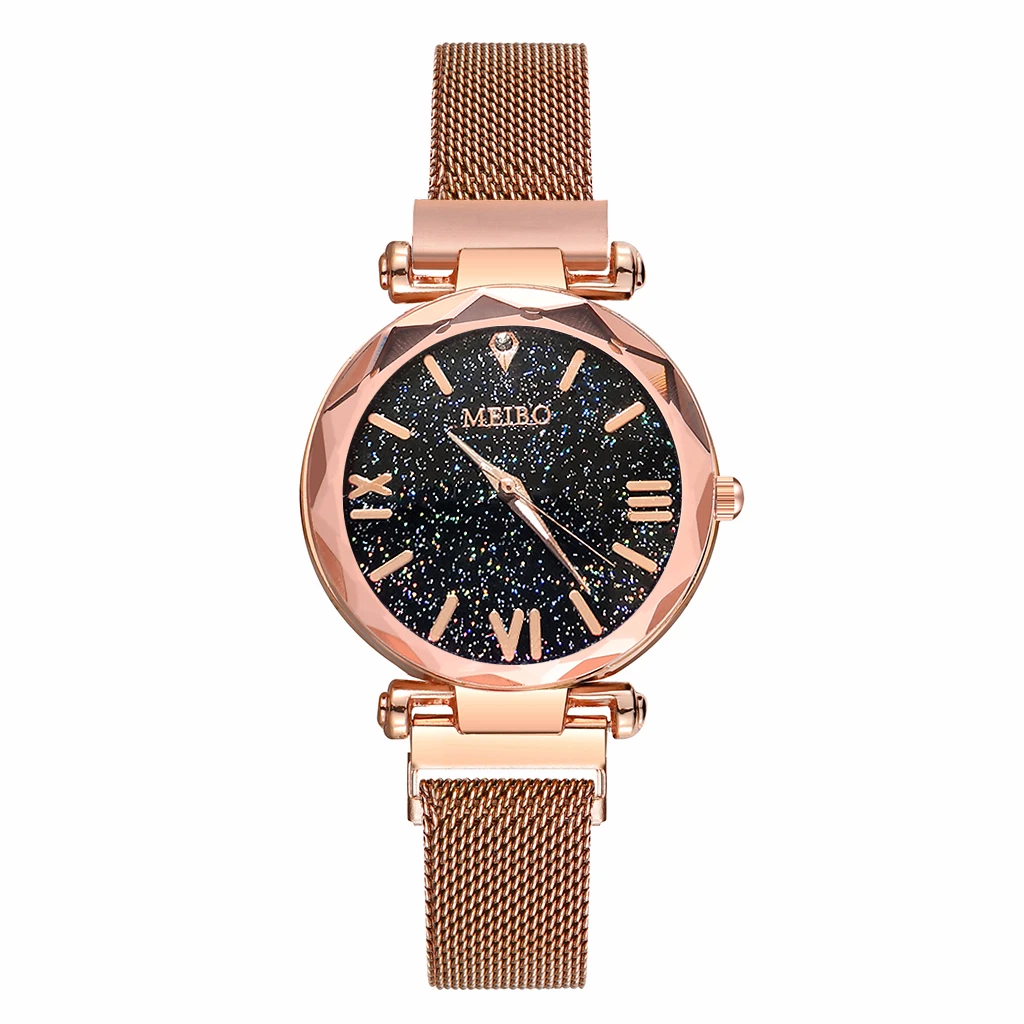 rose gold Для женщин сетки Магнит пряжка звездное небо римская цифра часы повседневное роскошные дамы Геометрическая поверхность повседневные - Цвет: rose gold