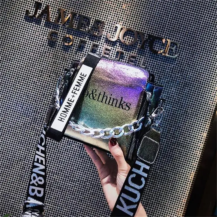 Multicolor S.IKRR Модный Лазерный глянцевый, для сумки с буквенным принтом, женская сумка на цепочке, сумки с широким плечевым ремнем, сумки через плечо для женщин, новинка - Цвет: Multicolor