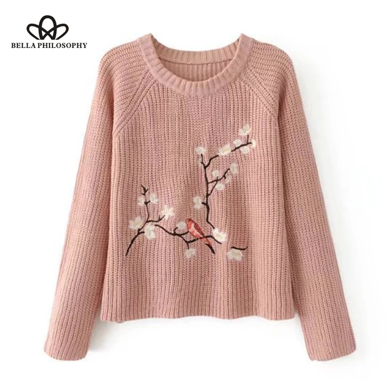 Bella Philosophy Autumn Winter Sweater Women Embroidery Female Knitting Long Sleeve Pullover Ladies Casual Jumper | Женская одежда