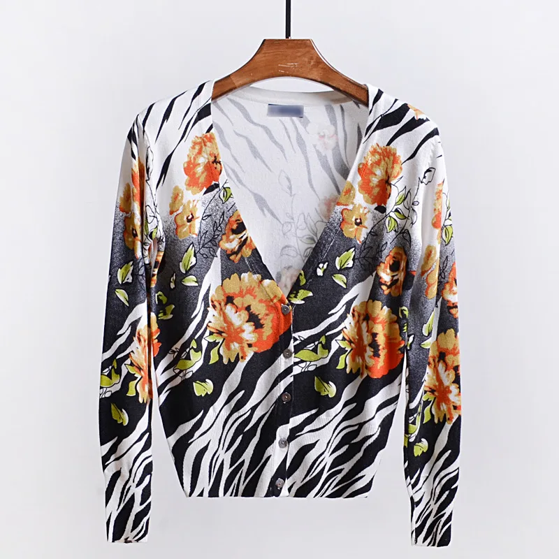 2018 women sweater fall and winter knit orange flower zebra print cardigan new sweet |