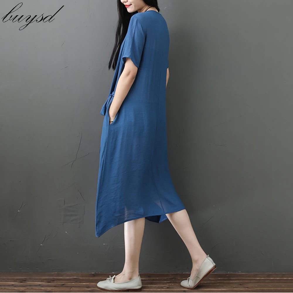 Женское льняное платье BUYSD свободное хлопковое двухслойное до середины икры с