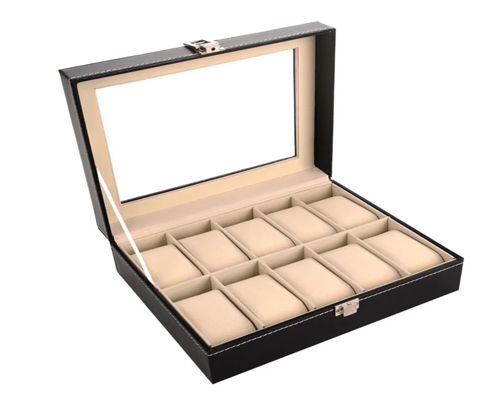 3/6/10/12 слотов Сетка Смотреть Box Дисплей коробка часы Jewelry черный Высокие ботинки из PU-кожи класса посеребренные кнопку часы поле