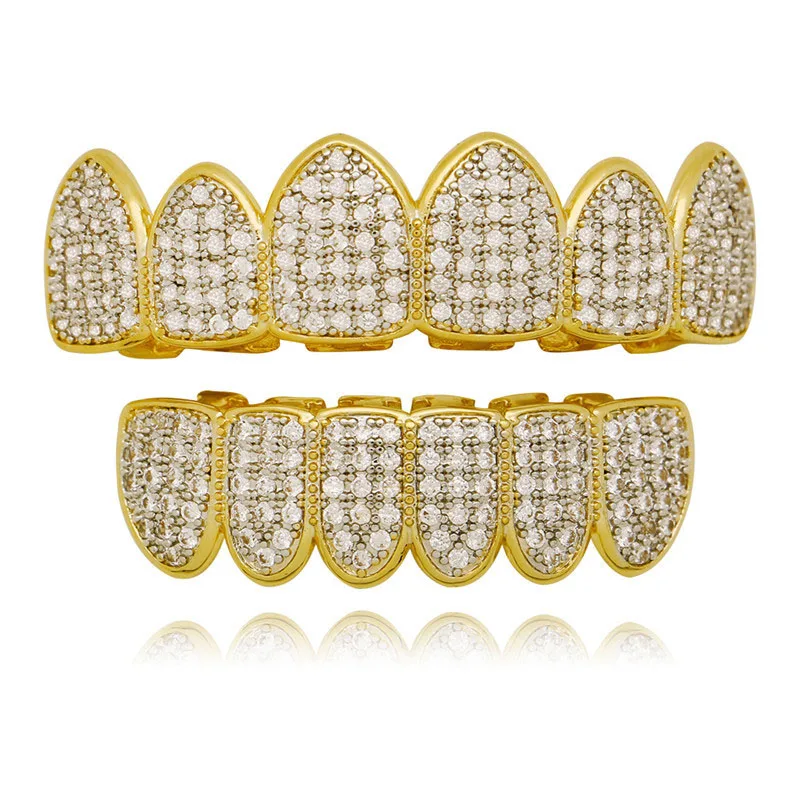 

Hip Hop Grills Dental Set Top&Bottom Gold Color Iced Out Teeth Grillz Cosplay Men Tooth Caps Rapper Mouth Jewelry Party