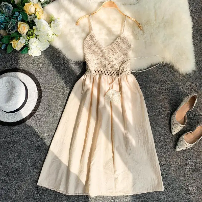 2019 новые модные женские платья Свежий ажурный трикотаж строчка v образным