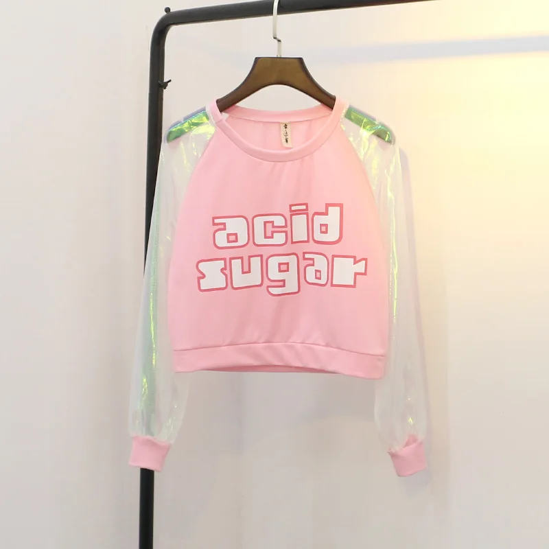 GBYXTY голографические Топы женские Harajuku сетчатая Лоскутная Прозрачная Футболка с длинным рукавом укороченная футболка розовая футболка Femme ZA1606