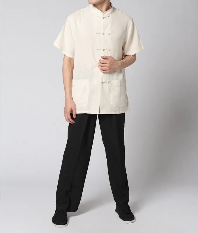 Новая бежевая/черная китайская Мужская льняная рубашка Кунг фу Брюки Костюм