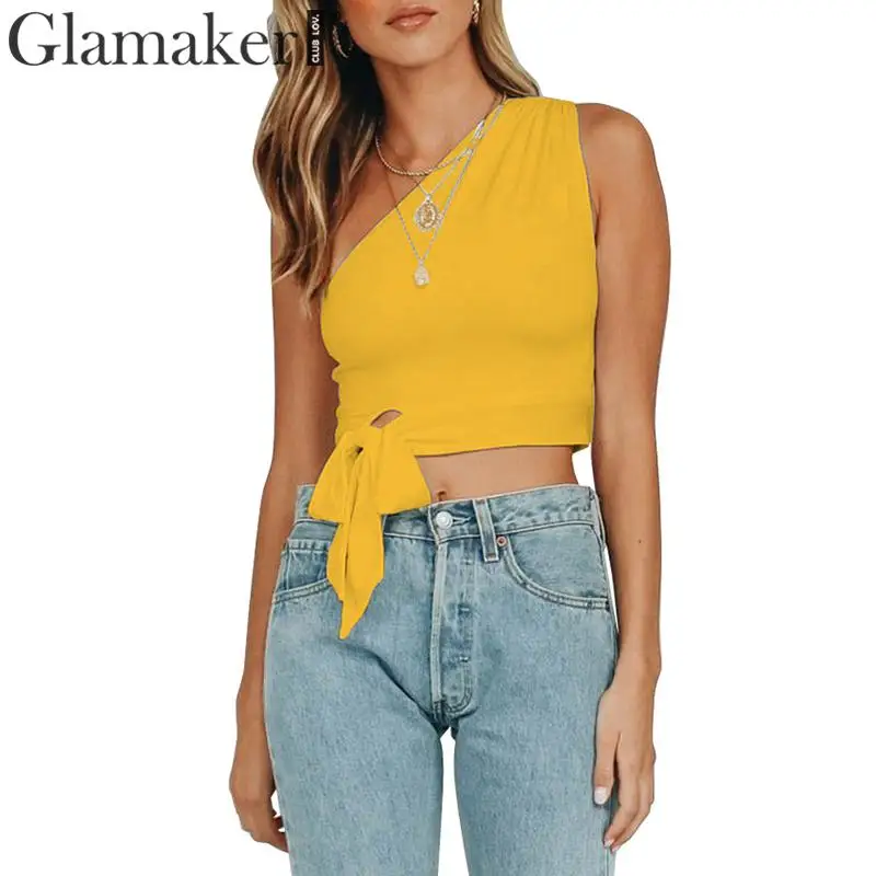 Женский топ на одно плечо Glamaker белый винтажный трикотажный короткий лето со