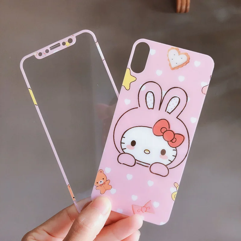 Для iPhone X милый розовый рисунок Hello Kitty закаленное Стекло Экран film (спереди и сзади)