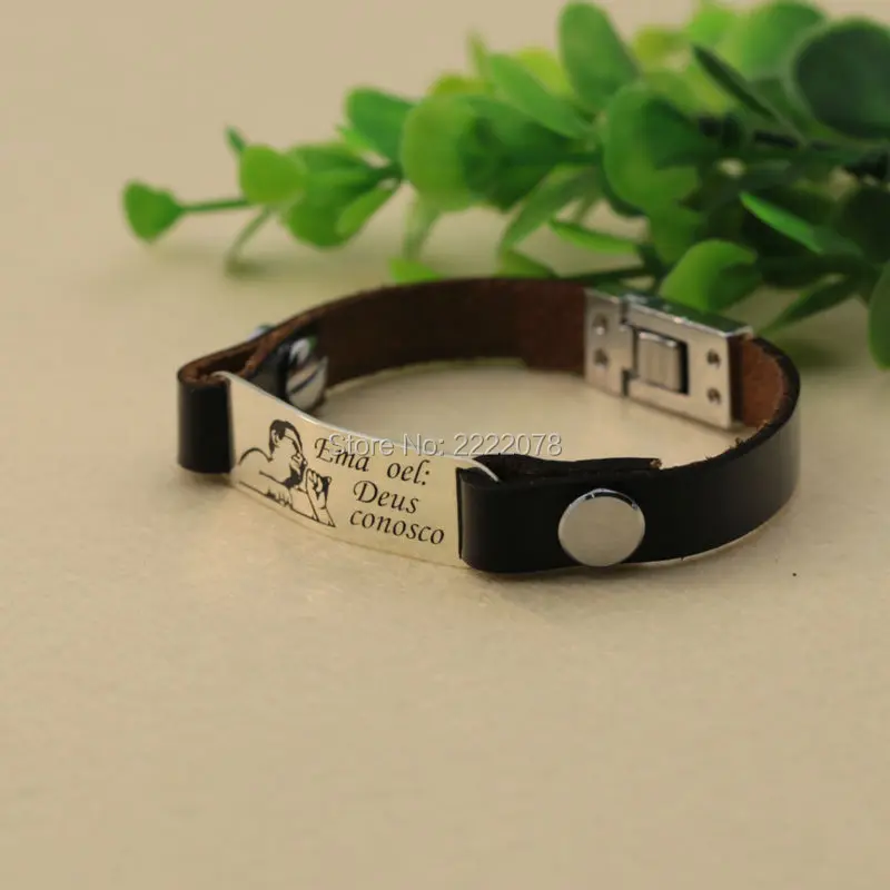 Personalized Name Photo Men Bracelet Stamp Words On Solid Silver Charm Customized Leather | Украшения и аксессуары
