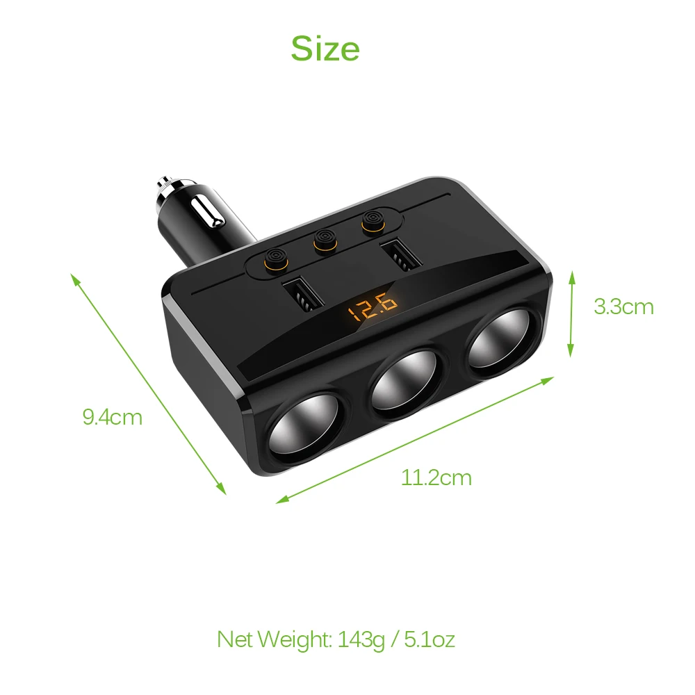 3 Way 100W Cigarette Lighter Socket Splitter 3.1A Dual USB Car Charger Adapter Independent Switches Voltmeter LCD | Автомобили и