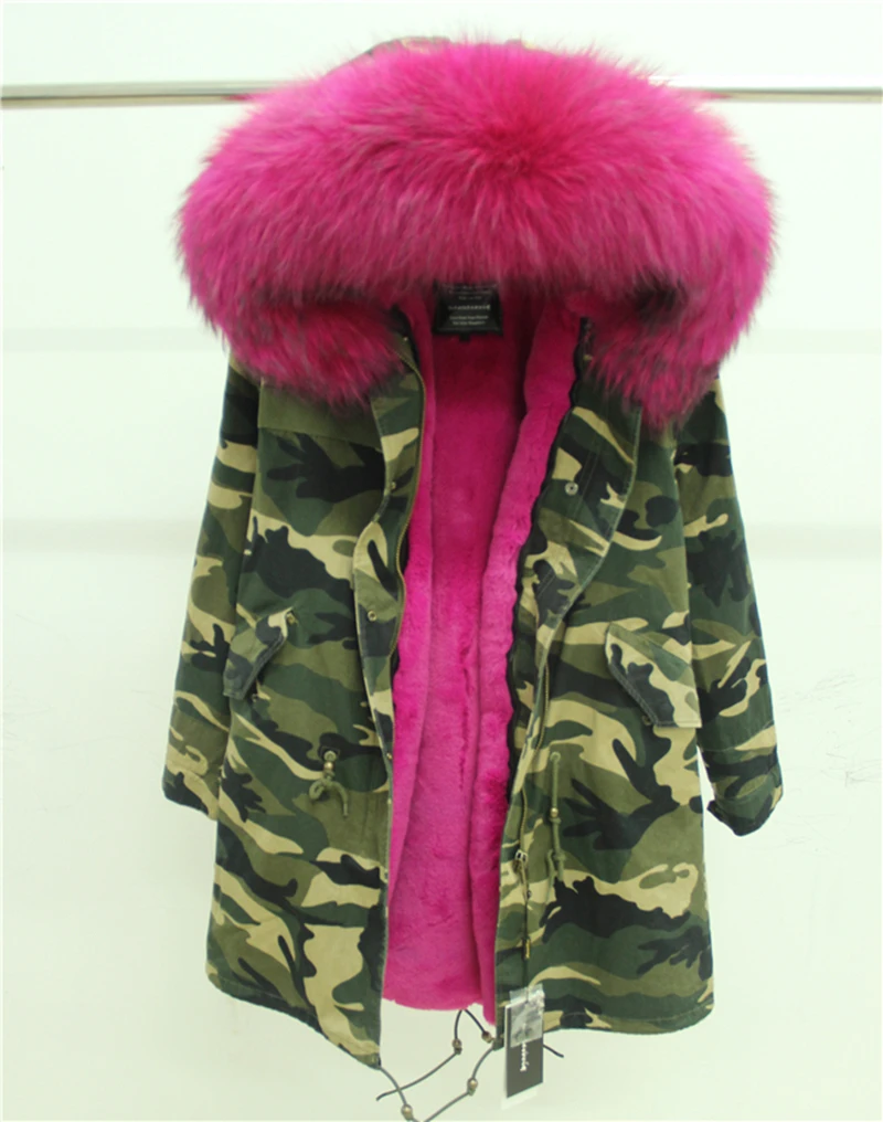 Мех Любовь Женщины Зима Camo Parka большой енота меховым воротником куртка с