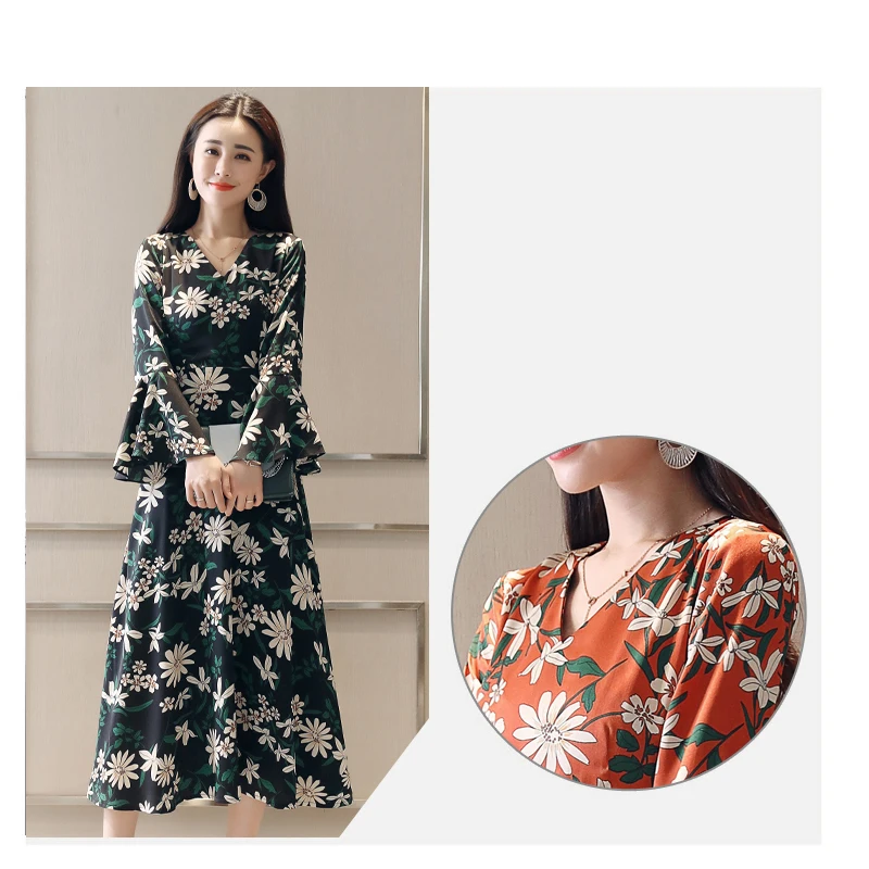 

Floral Print Appliques A-Line Chinese Style Newest 2021 Fashion O -Neck Collar Wrist Sleeve Women Vintage Spring Chiffon Dresses