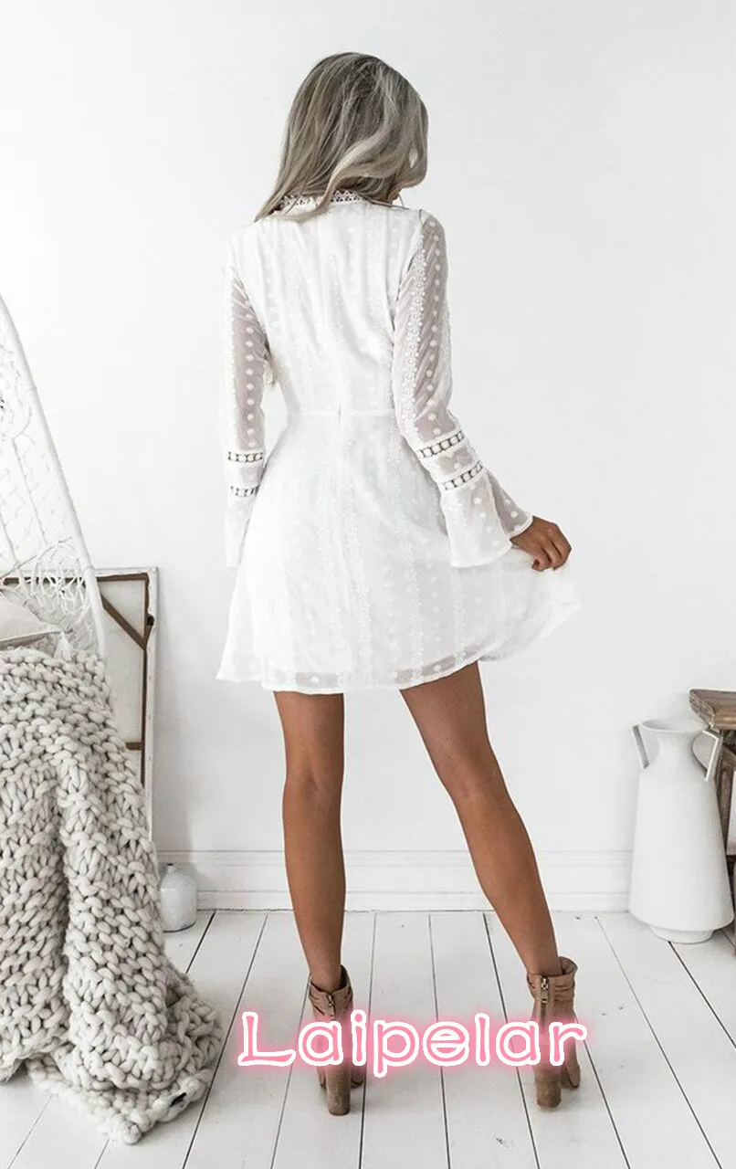 

V Neck Lace Dress Women Sexy Casual Flare Sleeve Mini Dresses White Solid Clothes Laipelar