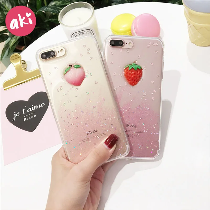 Аки блестящий чехол для телефона s iPhone 7 Plus мягкий ТПУ с блестками фрукты Клубника