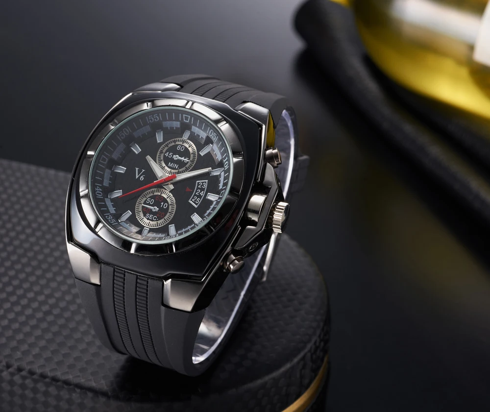 

2020 Hot Sale V6 Brand Men Wristwatch PU Strap Big Dial Watch Men Two Eyes Date Display Sport Casual Men's Clock Gift erkek saat