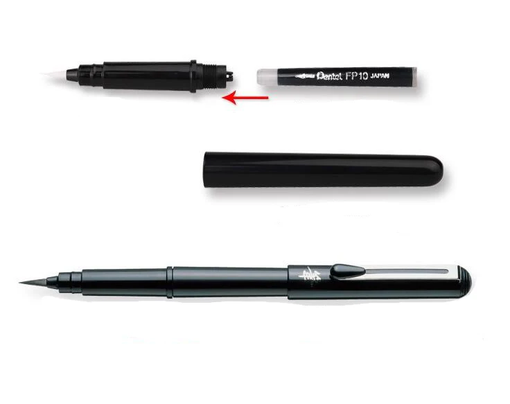 Япония Pentel ручка-кисть для каллиграфии многоразовая карманная Кисть ручка+ черные чернильные картриджи для дизайна мультфильмов рисунок