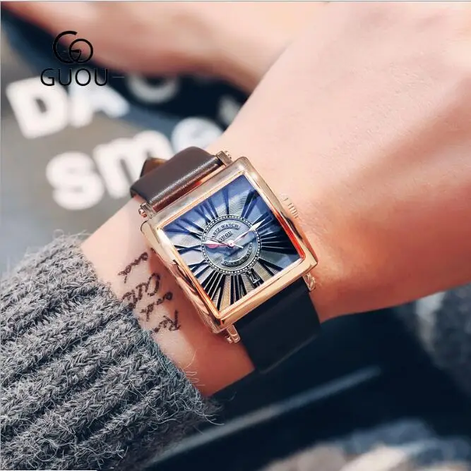 Часы GUOU Мужские кварцевые роскошные квадратные модные наручные часы с кожаным