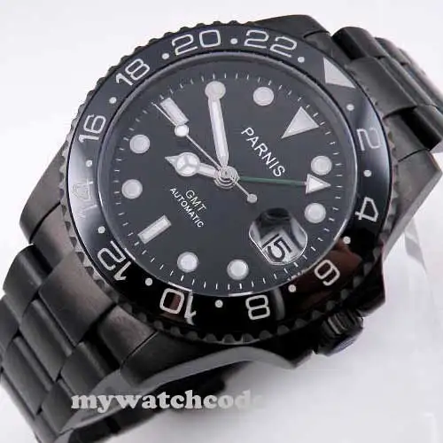 Мужские автоматические часы 40 мм с черным циферблатом parnis PVD GMT сапфировое стекло