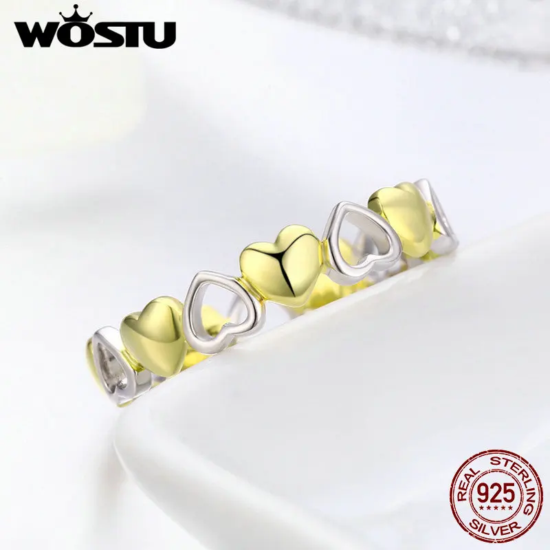 WOSTU Настоящее серебро 925 пробы штабелируемое Золотое кольцо с сердцем для женщин