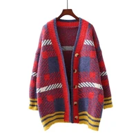 2018 new loose long female sweater v neck long section knitted contrast color striped plaid sweater cardigan korean jacket women