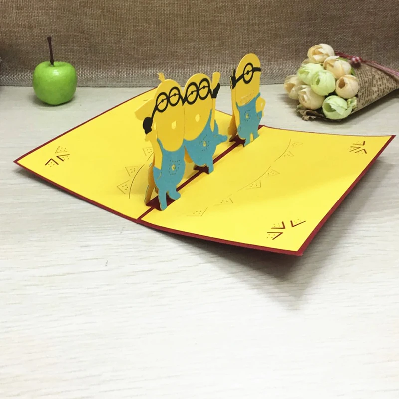 1pcs Sample Minions Postcard Greeting Gift Cards Kraft Kirigami 3D Handmade Pop Up Laser Cut with Envelope Kids Birthday Gifts | Дом и сад