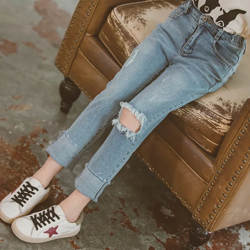 Модные джинсы для девочек повседневные длинные джинсовые штаны с дырками узкие брюки с эластичной резинкой на талии одежда для отдыха Vestidos, для детей 6, 8, 10, 12 лет
