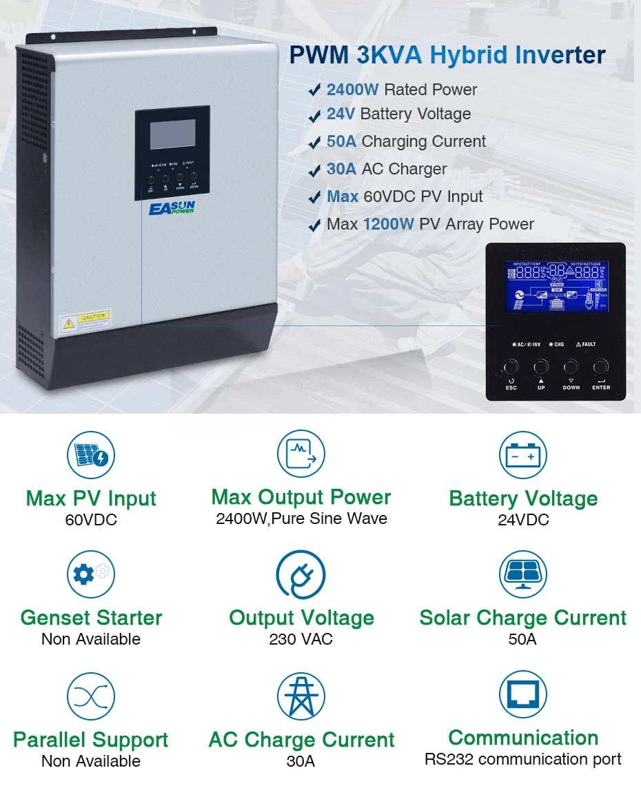 Источник питания Easun солнечный инвертор 3KVA 24V 220V Гибридный Инвертор Чистая синусоида встроенный 50A PWM солнечный контроллер заряда зарядное устройство