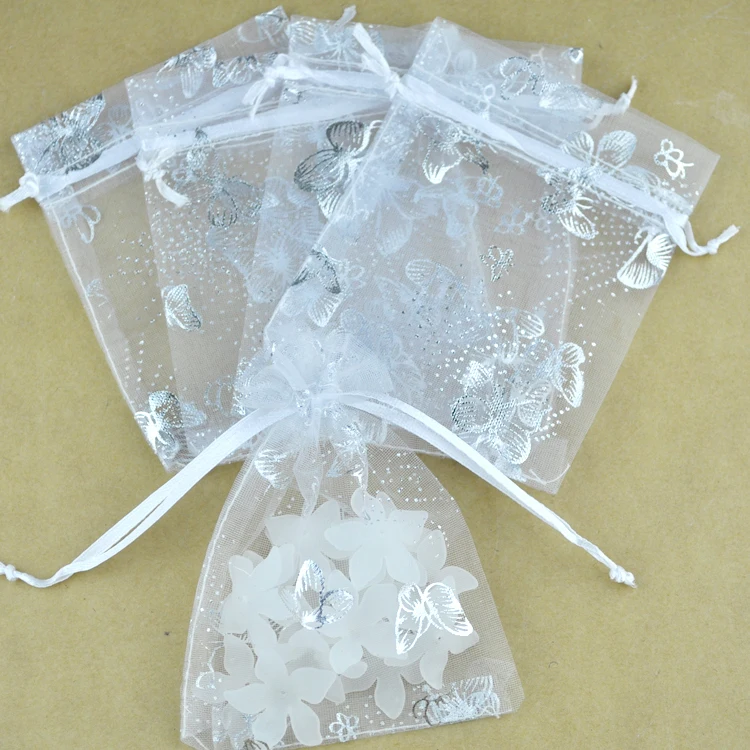 

100pcs White Organza Bags 7x9cm Small Wedding Favors Gift Bag Butterfly Print Jewelry Candy Gifts Packaging Bags Organza Pouches