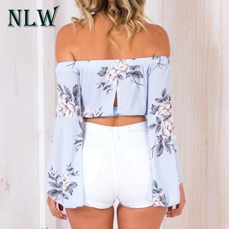 NLW Floral Chiffon Blouses Shirts Off Shoulder Flare Sleeve 2018 Women Summer Backless Short Crop Top Boho Beach Casual Wear |
