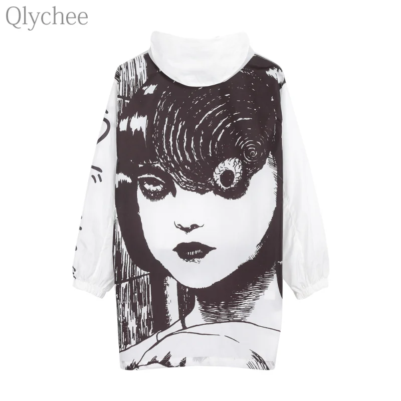 Qlychee мультфильм Junji Ito аниме куртка с капюшоном на молнии длинным рукавом
