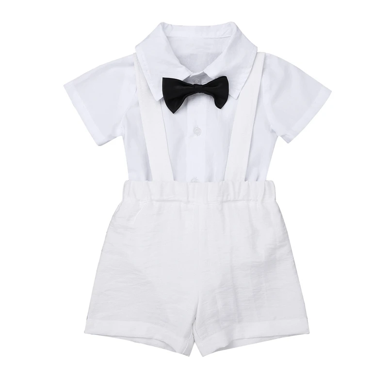 Infant Baby Boys Baptism Outfit Short Sleeve Lapel Jumpsuit with Bow Tie Suspender Linen Set party wedding birthday clothes |