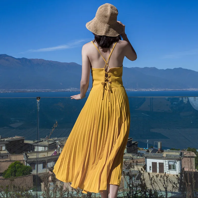 

2018 Summer Solid Bandage Chiffon Pleated Dress Spaghetti Strap Sleeveless Strapless Beach Casual Dress Elegant Party Dresses