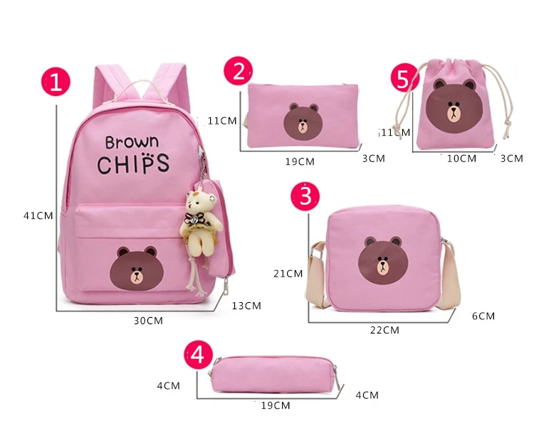 8 pcs/set Multifunctional Backpack Cute Brown Bear School Bag Boy Girls Travel Children Backpacks Kids Canvas school mochila | Багаж и