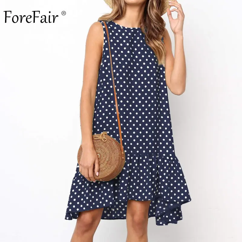 Forefair, платье в горошек для женщин, летнее, с открытыми плечами, с рюшами, неровное, круглый вырез, размера плюс, повседневное, мини, бохо, пляжное платье - Цвет: Navy Blue Dress