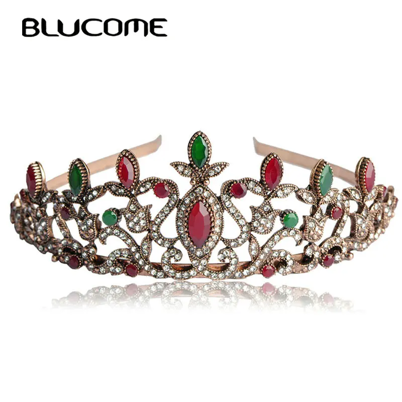 

Blucome Turkish Wedding Hair Accessories Tiaras For Bridal Arcylic Red Crystals Vintage Flower Floral Head Piece Crown Hairwear
