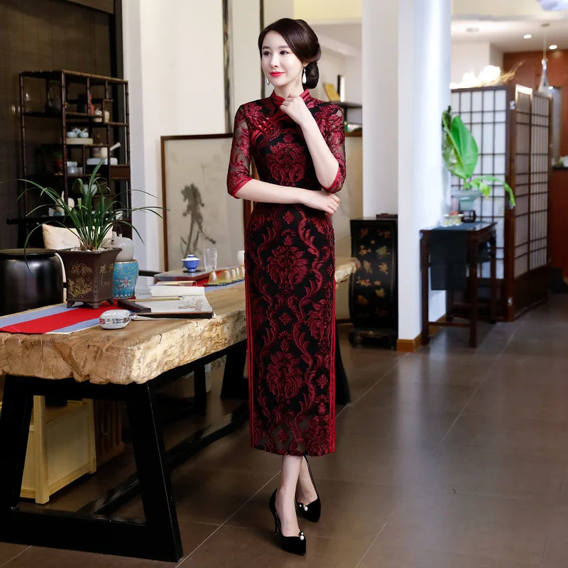 Женское длинное винтажное кружевное платье Qipao красное традиционное китайское
