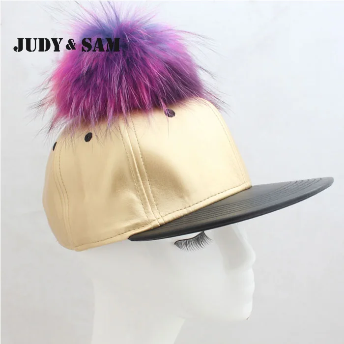 Jsfur марка хип хоп шляпы Snapback с реальным красочные енота помпонное мех мяч краев
