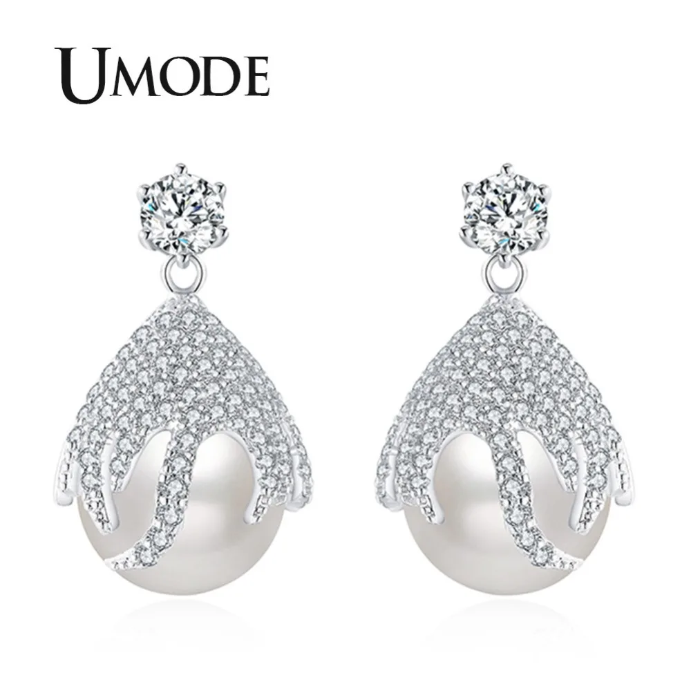 UMODE корейские элегантные Висячие жемчужные белые стразы серьги капли для женщин