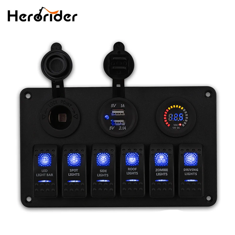 

Herorider 6 Gang Waterproof 12v Rocker Boat Switch Panel Circuit Breakers Vehicle Auto Marine Switch Panel USB Socket Voltmeter