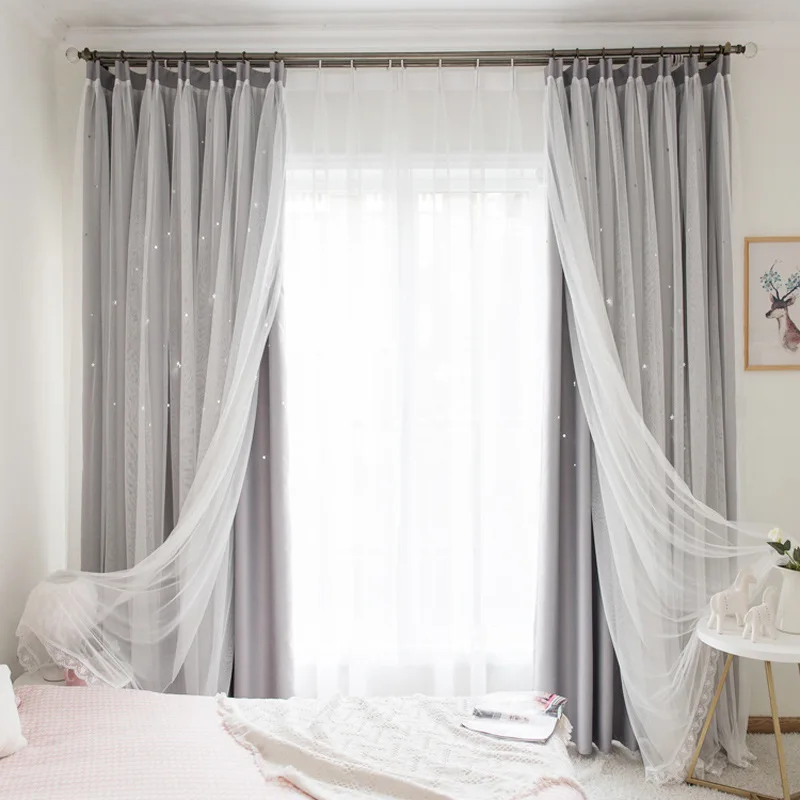 gray include tulle Ins/затемненные занавески со звездами для гостиной, спальни, романтические занавески, занавески с белым тюлем для окон - Цвет: gray include tulle