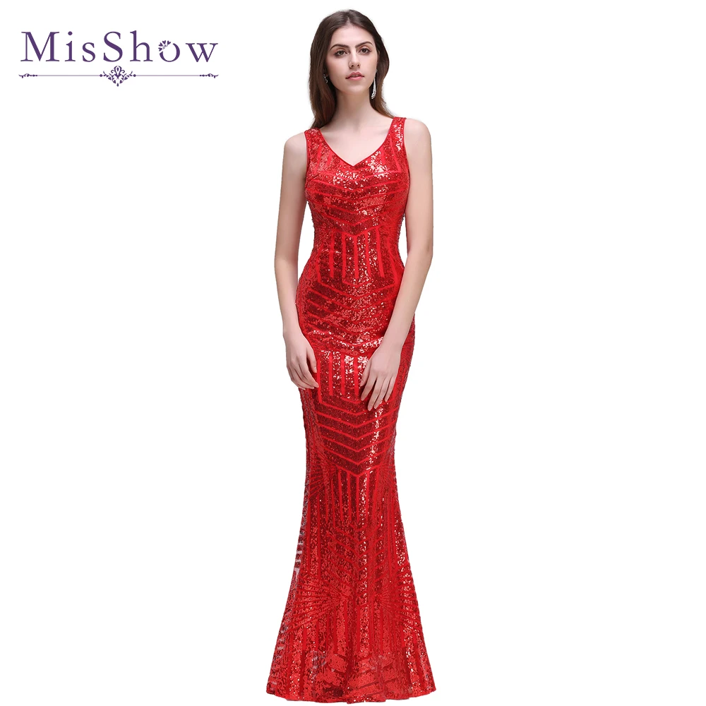 

MisShow Sexy Long Sequin Evening Dress 2019 Pink Red V Neck Evening Gowns Sleeveless Sheer Back Prom Party Formal Dresses