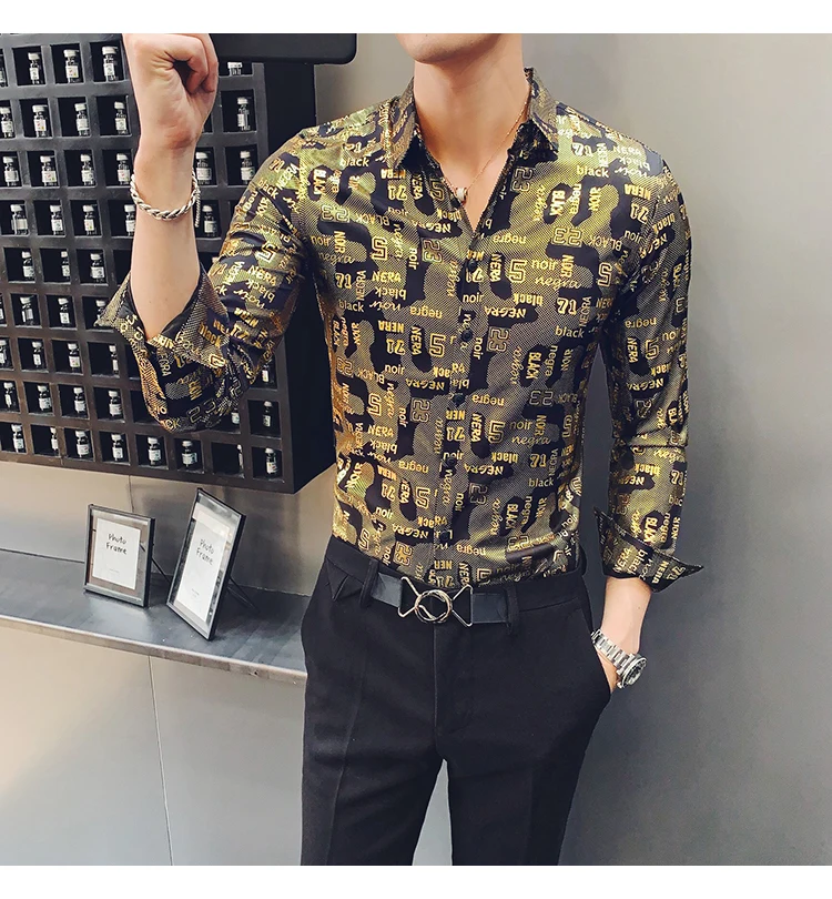 Camisa Social, приталенные, серебристые, золотые, с принтом, рубашки, Camisa MasculinaRopa De Hombre, повседневные рубашки, мужские Клубные рубашки, дизайнерские