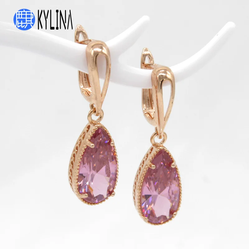 KYLINA Classic 8 Color Water Drop Cubic Zirconia Dangle Earrings 585 Rose Gold Bohemia Eardrop For Women Girl Wedding Jewelry | Украшения и