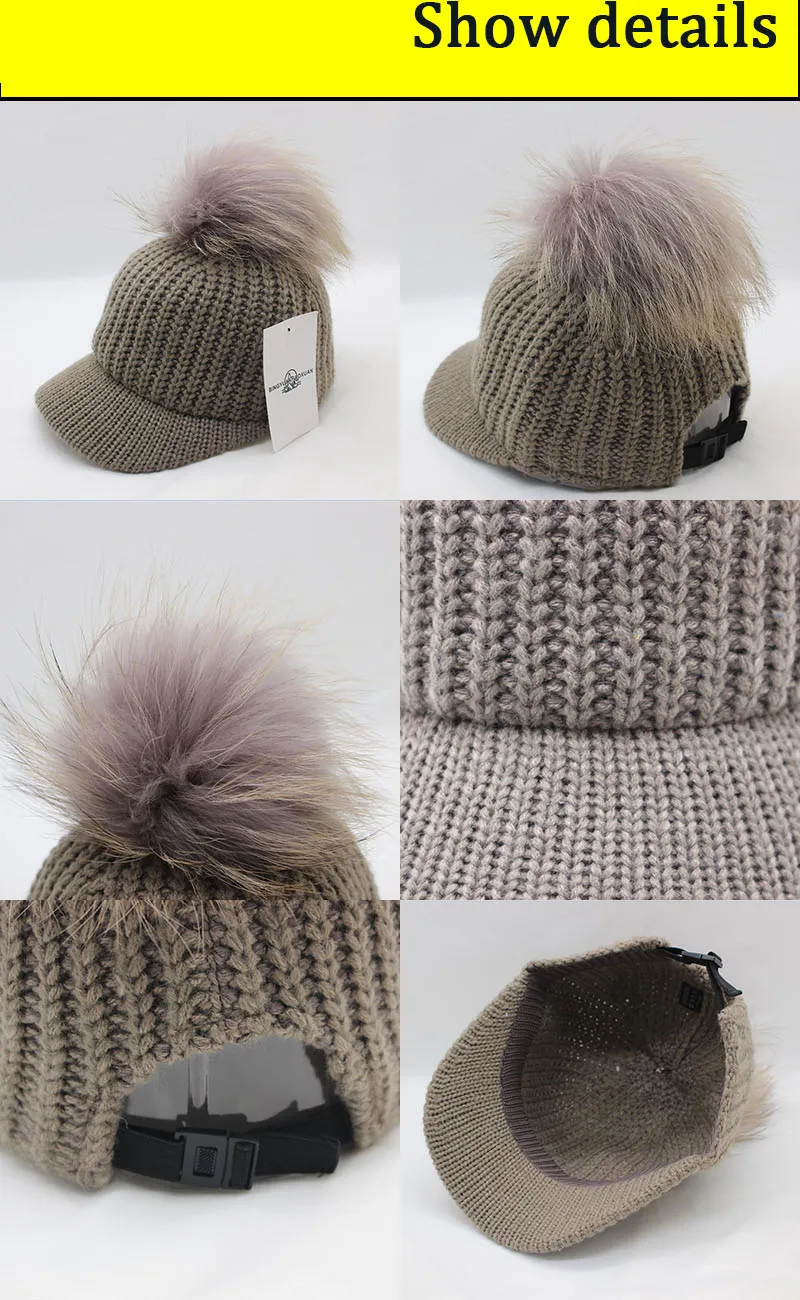 Fashion Big Hairball Baseball Caps for Women and Girl Autumn Winter Warm Knitted Hairy Hats Adjustable Wool Snapback Cap