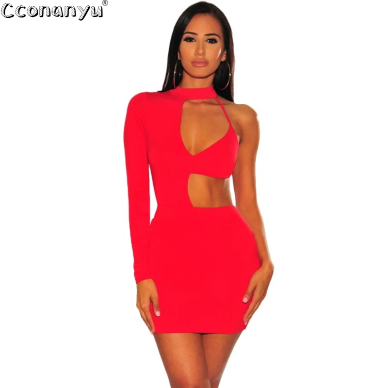 

Women One Shoulder Sexy Bodycon Dress 2019 Summer Women Hollow Out Irregular Long Sleeve Dress Patchwork Backless Dresses