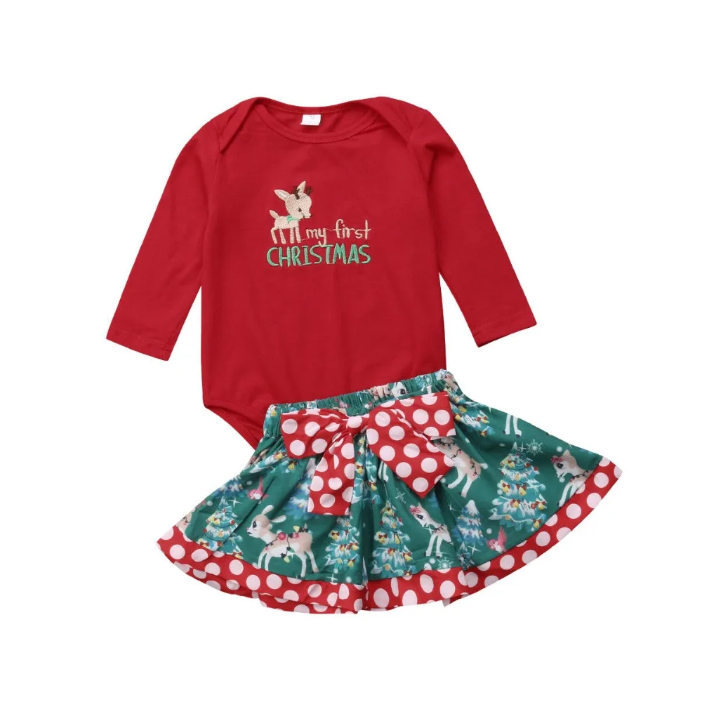 

Newborn Baby Girls Clothes Fashion Clothing Christmas 2pcs Dress X'Mas David's Deer Romper+Skirt Suit Outfits