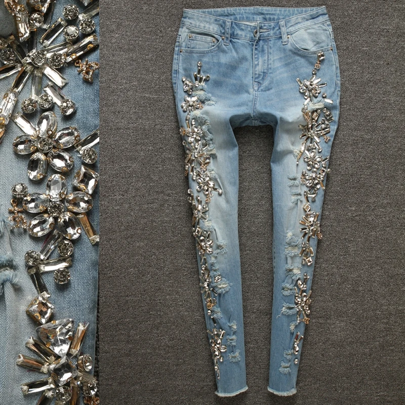 Женские джинсы карандаш винтажные облегающие брюки со стразами|diamond jeans|jeans beadswomen