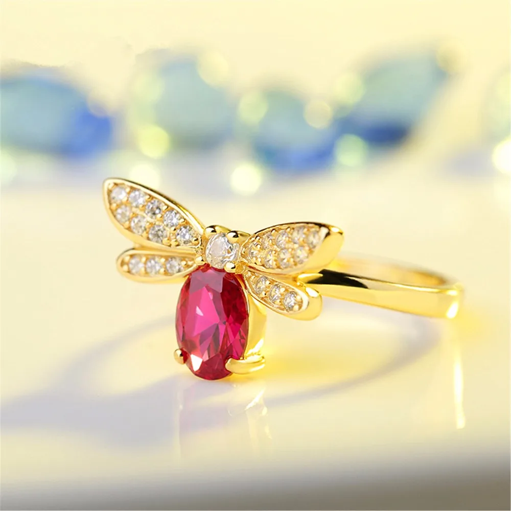 Fooderwork Jewelry Cute Bee Red crystal Ring For Women Open Plated 925 Ring Crystal Jewelry Female Gift
