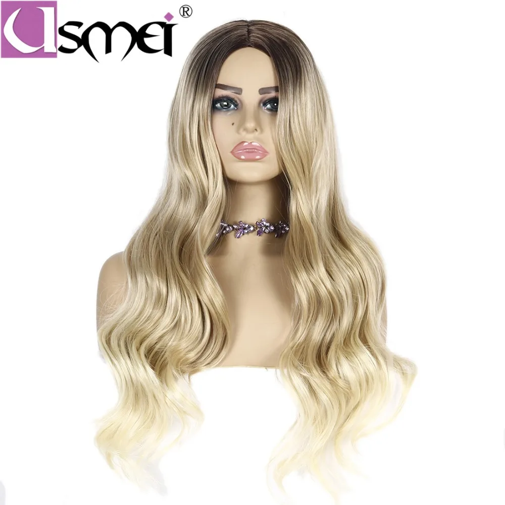 USMEI волосы hand made ombre блондинка 613 # парик 28 дюйма длиной тела волнистые черные